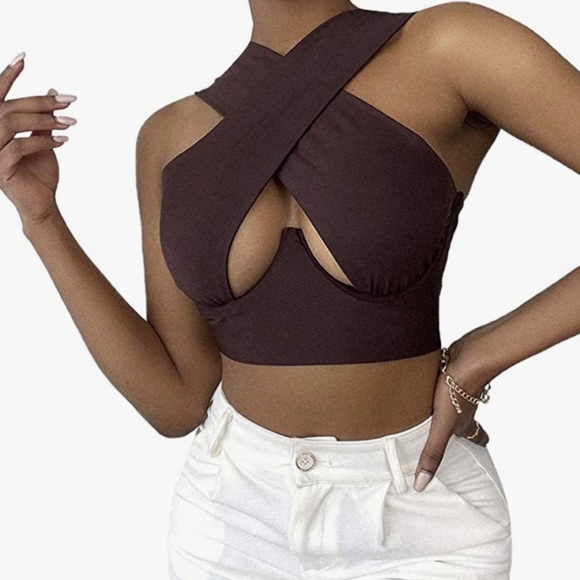 Brown Cross Neck Halter Crop Top - Picture 2 of 2